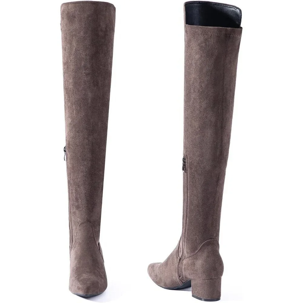 Women Chocolate 2Inch Faux Suede Over The Knee Thigh High Low Block Heel Boot